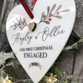 Personalised 1st Christmas Engaged Heart Decoration, 2 of 3