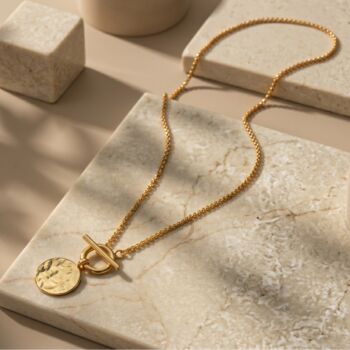 T Bar And Molten Disc 18k Gold Plated Necklace, 3 of 4