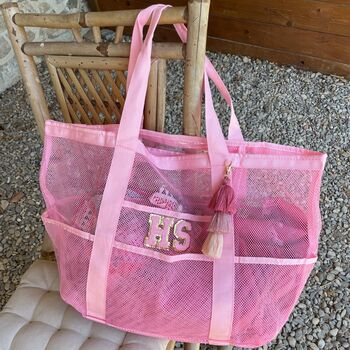 Personalised Lacey Patch Pocket Net Mesh Tote Beach Bag, 3 of 12