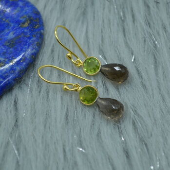 Smoky Quartz Peridot Earrings: Gold, Silver,Dangle Drop, 6 of 6
