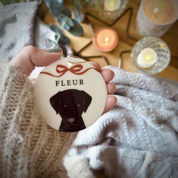 Personalised Christmas Dog And Bow Ceramic Tree Decoration, 2 of 11