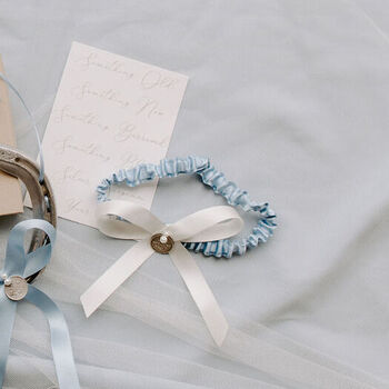 Lucky Silver Sixpence Blue And Ivory Wedding Garter, 4 of 5