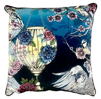 Kakuru Lanterns Japanese Lanterns With Crane Birds And Blossom Velvet Square Cushion, 8 of 10