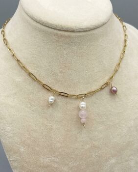 Rose Quartz And Pearl Tarnish Free Gold Plated Charm Necklace, 5 of 5