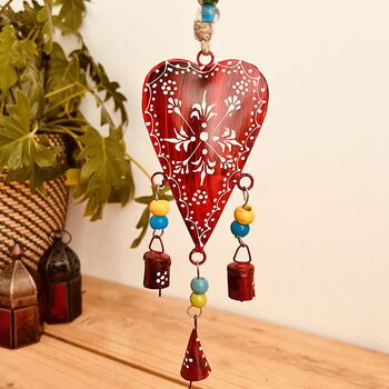 Hand Painted Red Heart Wind Chime Bell With Beads, 2 of 10
