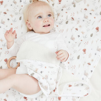 Woodland Deer Baby Comforter Made With Organic Muslin And Soft Sherpa Fleece, Acorn And Fawn Comfort Blanket, 6 of 11