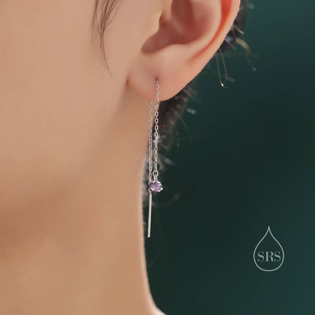 Amethyst Purple Cz Threader Earrings In Sterling Silver, 1 of 11