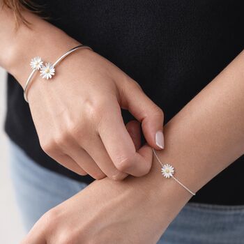 Sterling Silver Double Daisy Flower Cuff Bangle Bracelet, 2 of 6