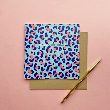 Leopard Print Birthday Card Blue And Blush Pink, 3 of 4