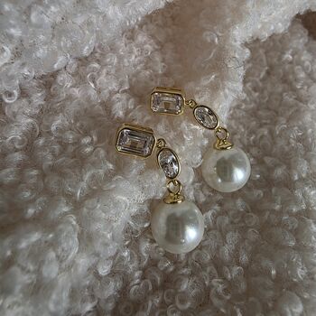 Pearl Drop Bezel Set Moissanite Drop Earrings In 14k Gold Sterling Silver, 2 of 12