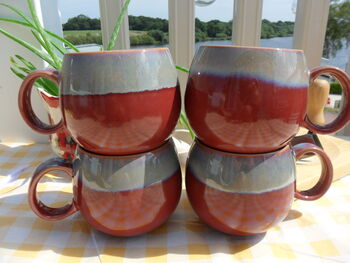 Set Of Four Reactive Glaze Sphere Mugs In Maroon And Grey Mist Haze, 4 of 9