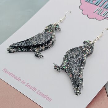 Black Pigeon Glitter Resin Earrings, 4 of 4