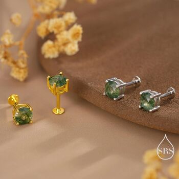 Natural Moss Agate Internally Threaded Flat Back Earrings In Sterling Silver, 7 of 12