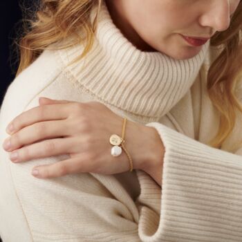 Gold Initial Disc Bracelet With Freshwater Pearl, 3 of 9