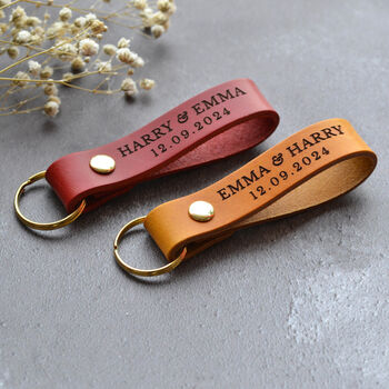Personalised Leather His And Hers Keyring Set Wedding Gift For Couple, 2 of 8
