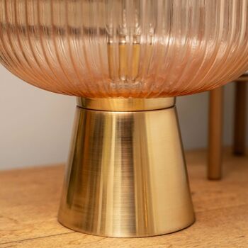Elegant Battery Powered Amber Ridged Glass Table Lamp With Brass Base, 4 of 5