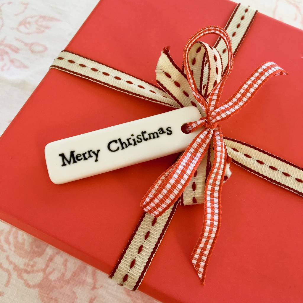 Ceramic Merry Christmas Gift Tag With Gingham Ribbon By