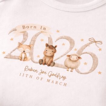 Personalised Born In 2026 Baby Sleepsuit | Zoo Or Farmyard Animal Babygrow, 4 of 4