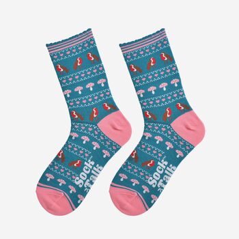 Women's Bamboo Socks Teal Robin Fair Isle, 2 of 6