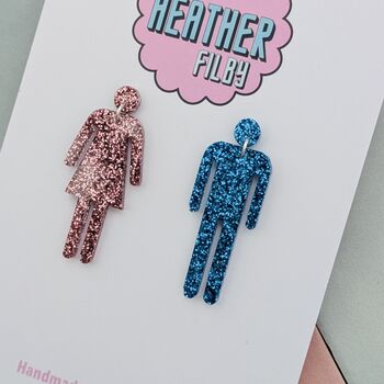 Male And Female Toilet Sign Glitter Earrings / Restroom Icon Statement Dangles / Pop Art Jewellery / Birthday Gift For Her, 2 of 8