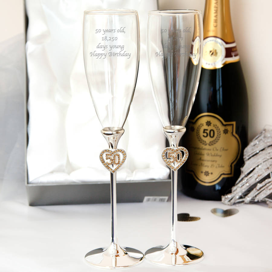 Elegant Engraved Set Of 50th Champagne Flutes By