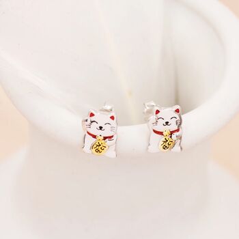 Sterling Silver Japanese Maneki Neko Cat Stud Earrings, 2 of 11