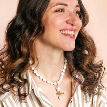 Stainless Steel Pearl Fish Pendant Necklace In Gold Plating, 3 of 4