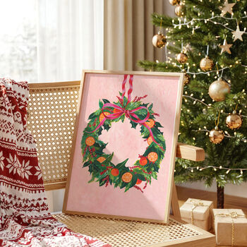 Christmas Wreath Art Print – Festive Wall Decor In Pink, Green And Gold, 2 of 6