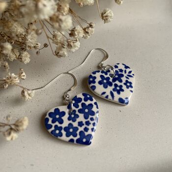 Blue Flower Ceramic Heart Earrings, 3 of 10