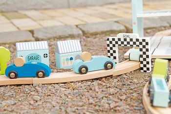 Personalised Wooden Car Racetrack Toy With Pitstop, 3 of 5