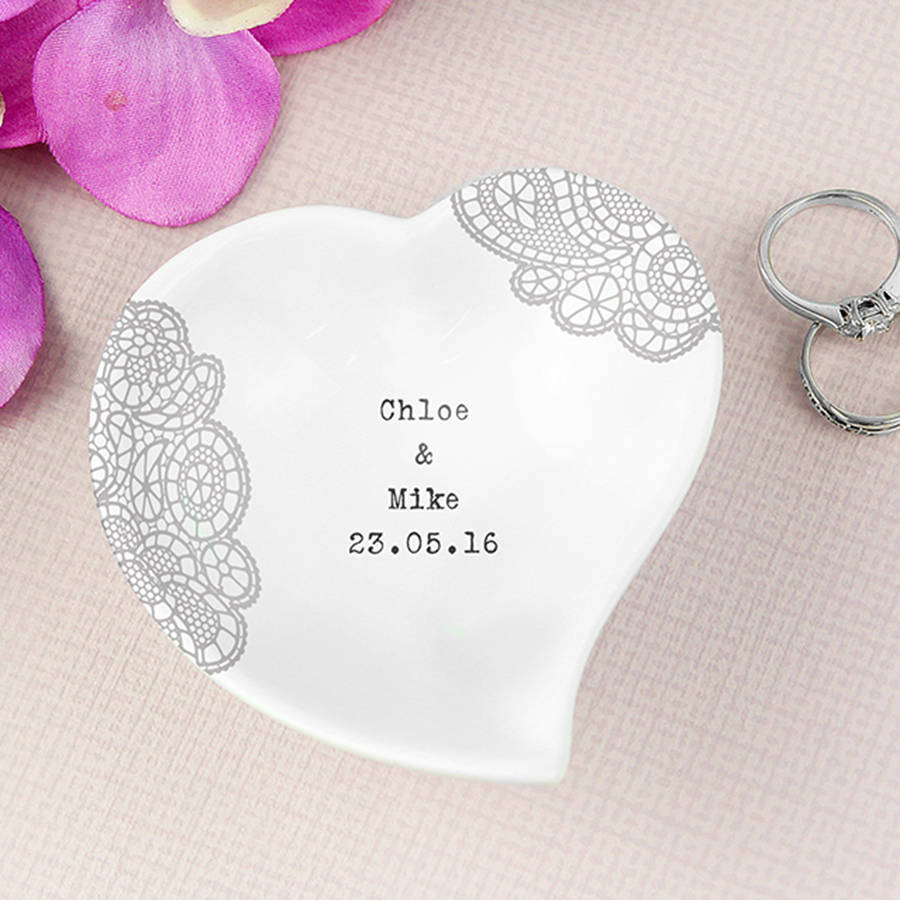 Personalised 'Lace' Wedding Ring Dish By Oli & Zo