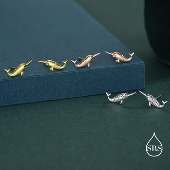 Tiny Narwhal Unicorn Whale Stud Earrings In Sterling Silver, 5 of 12