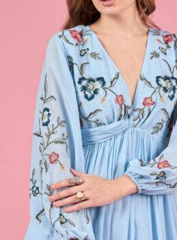 Floral Embroidered Puff Sleeve Chiffon Fit And Flare Midi Dress, 2 of 4