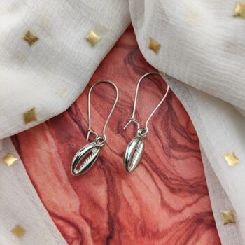 Long Silver Cowrie Sea Shell Charm Boho Dangle Earrings, 6 of 7