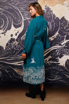 Origami And Hokusai Wave Embroidered Deep Teal Long Kimono, 5 of 12