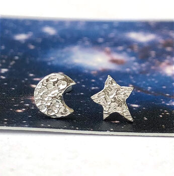Sterling Silver Small Crescent Moon And Star Earrings, 3 of 8