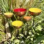 Set Of Five Copper Rain Catchers – Tangerine, Green, Red, Orange And Yellow Cups On Curved Iron Pole, thumbnail 5 of 6
