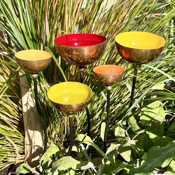 Set Of Five Copper Rain Catchers – Tangerine, Green, Red, Orange And Yellow Cups On Curved Iron Pole, 5 of 6