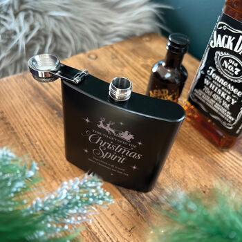 Personalised Christmas Spirit Engraved Black Metal Hip Flask 6oz, 4 of 7