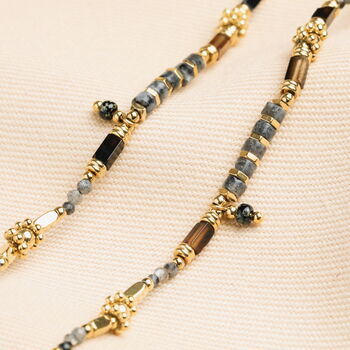 Semi Precious Black And Grey Beaded Pendant Necklace In Gold, 3 of 5
