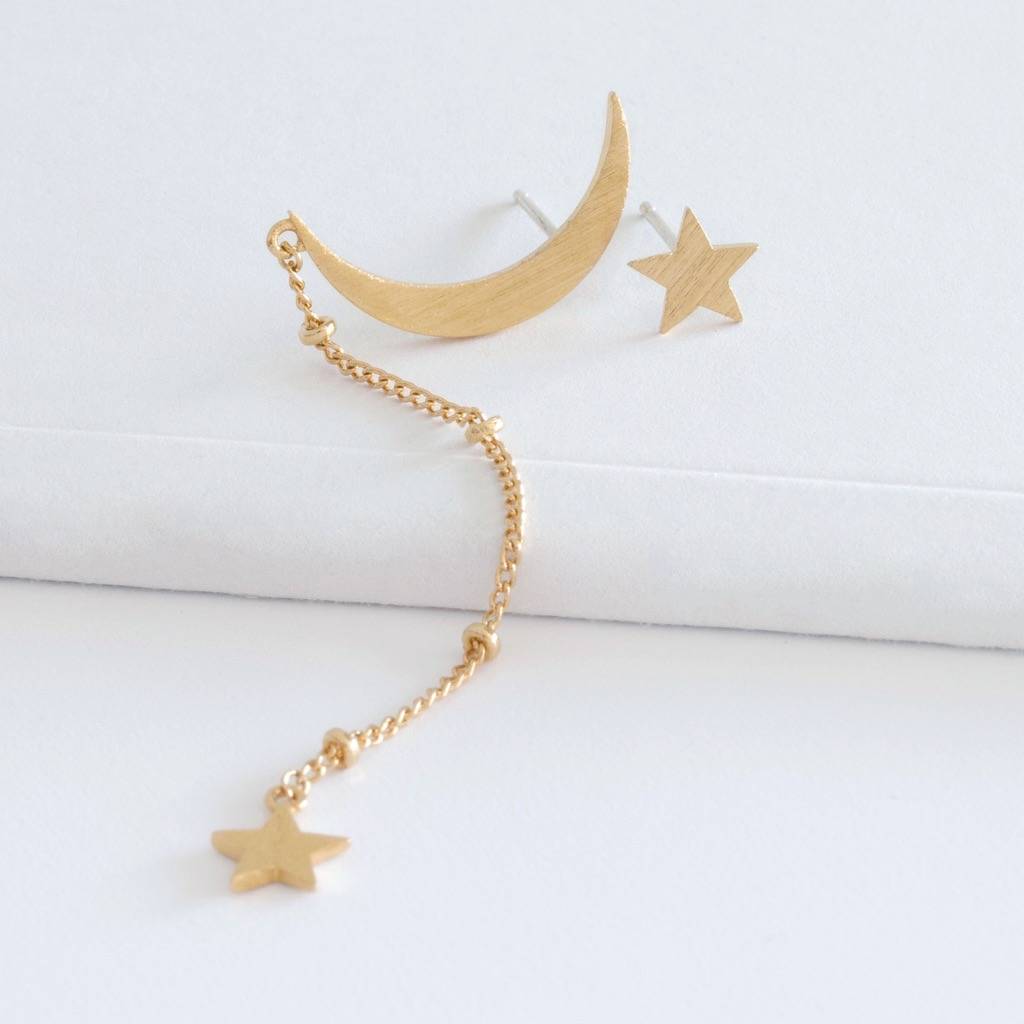 Gold Mismatched Moon And Star Chain Stud Earrings By Lisa Angel ...