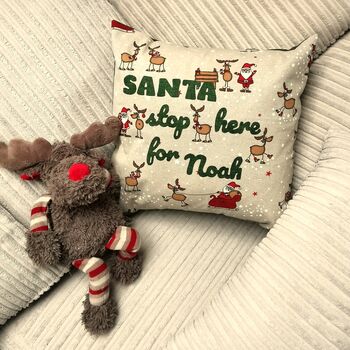 Personalised Santa Please Stop Here Cushion, Kids Santa Christmas Cushion, 3 of 12