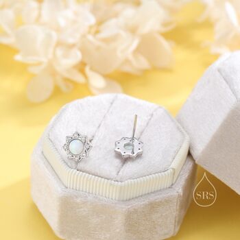 Vintage Inspired White Opal Flower Cz Stud Earrings, 3 of 11