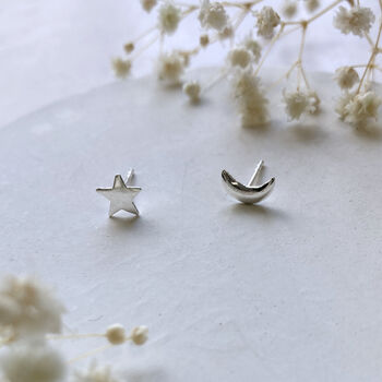 Sterling Silver Moon And Star Stud Earrings, 6 of 8