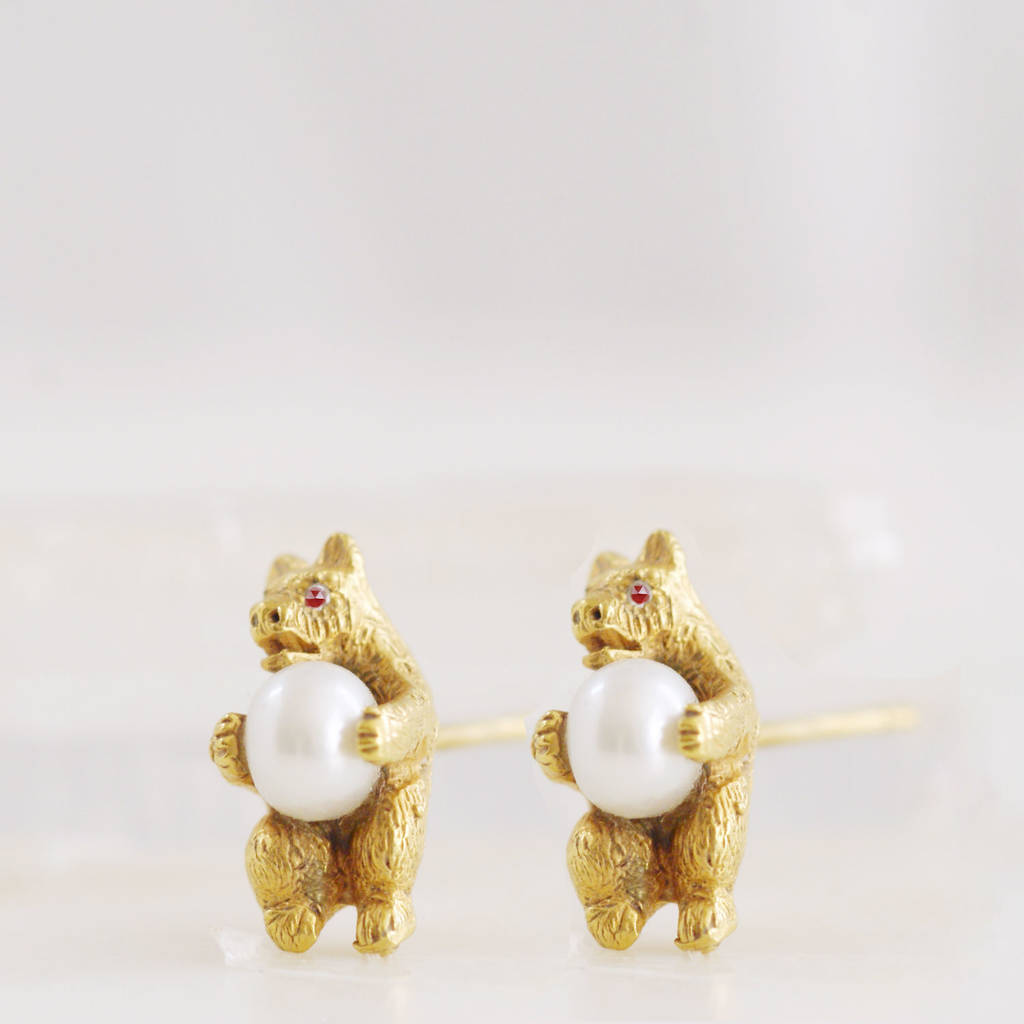 ruby diamond and pearl gold bear stud earrings by amulette ...