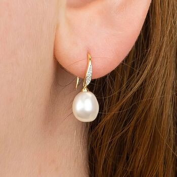 9ct Yellow Gold White Keshi Pearl Earrings With Diamond Set Hook, 2 of 8