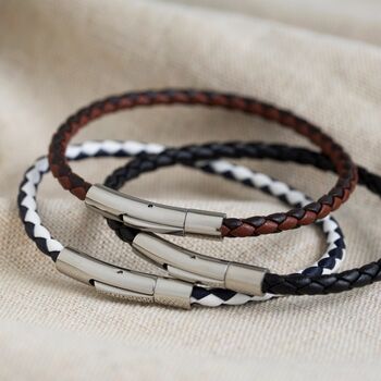 Men's Slim Woven Leather Bracelet, 2 of 10