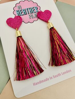 Pink Tassel Heart Glitter Resin Earrings, 3 of 6