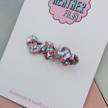 Pink And Blue Heart Glitter Hair Clip, 3 of 4
