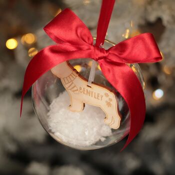 Pet Dog Breed In Scarf Snow Filled Christmas Tree Bauble, 2 of 6